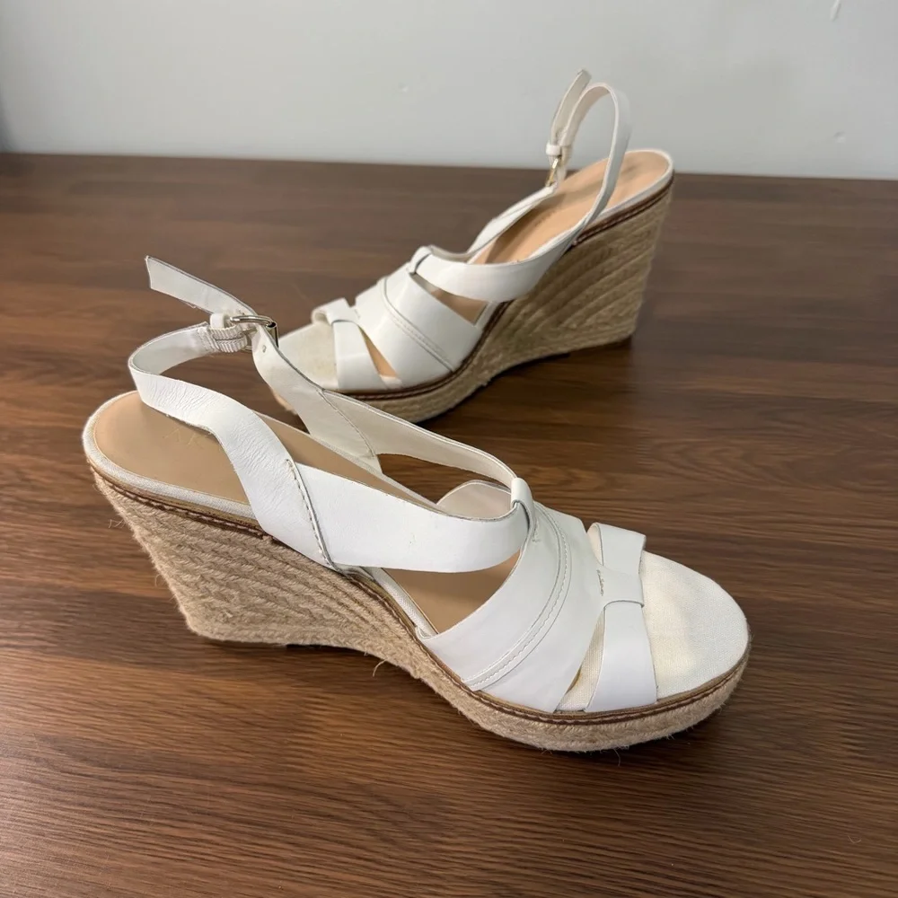 Anne Klein‎ Aktague Ivory Strappy Leather Wedge Espadrilles Size 8.5